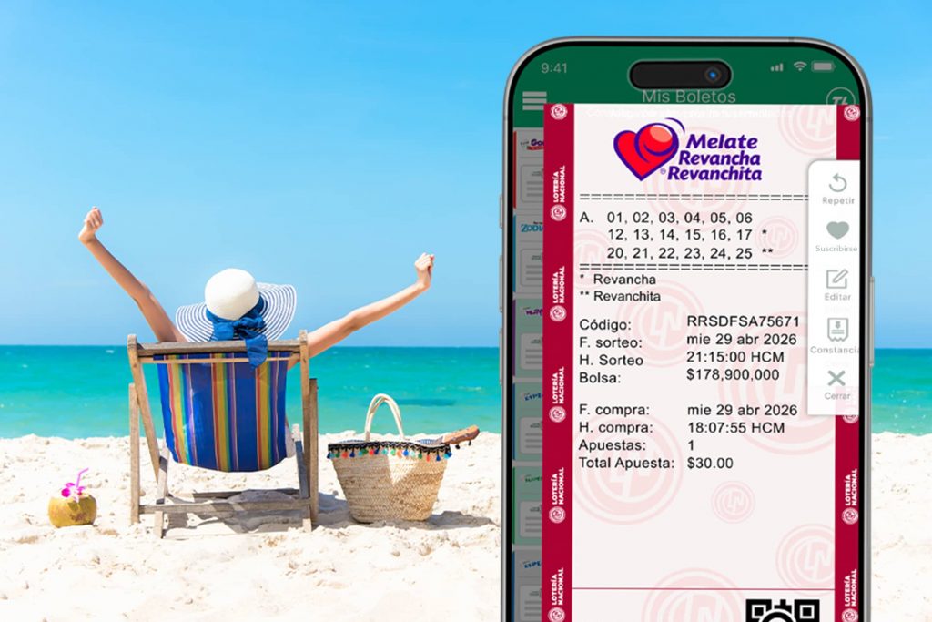 Persona descansando en la playa mientras su boleto de Melate queda listo en TuLotero