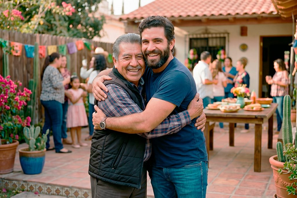 Padre e hijo abrazándose durante una celebración familiar por el Sorteo Especial Día del Padre