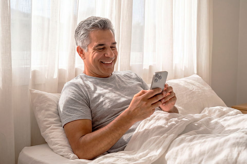 Hombre sonriendo en la cama mientras revisa su celular después de soñar con números de lotería.