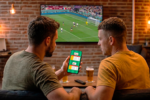 Dos amigos revisan horarios atípicos de Progol este Mundial