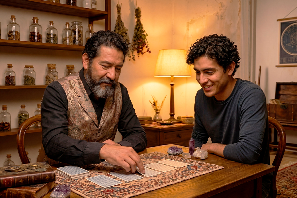 Dos personas consultan cartas en una mesa para hablar de signos de la suerte y lotería