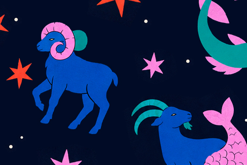 Signos de la suerte representados con ilustraciones de signos zodiacales en fondo azul