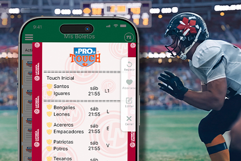 Quiniela de Protouch NFL en la app de TuLotero México junto a un jugador de futbol americano