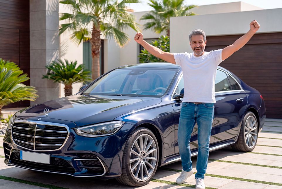 Ganador de Gana Gato celebra su premio junto a un carro frente a su casa.