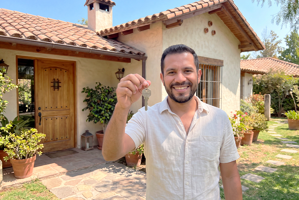 Ganador de Melate Retro muestra las llaves frente a una casa