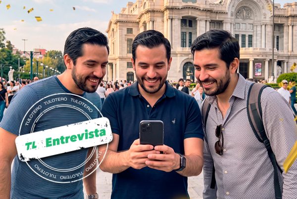 Ilustración de 3 ganadores del Sorteo Magno celebrando con un celular.