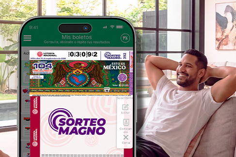 Hombre descansando en casa junto a un celular que muestra su boleto del Sorteo Magno 2026 en TuLotero.