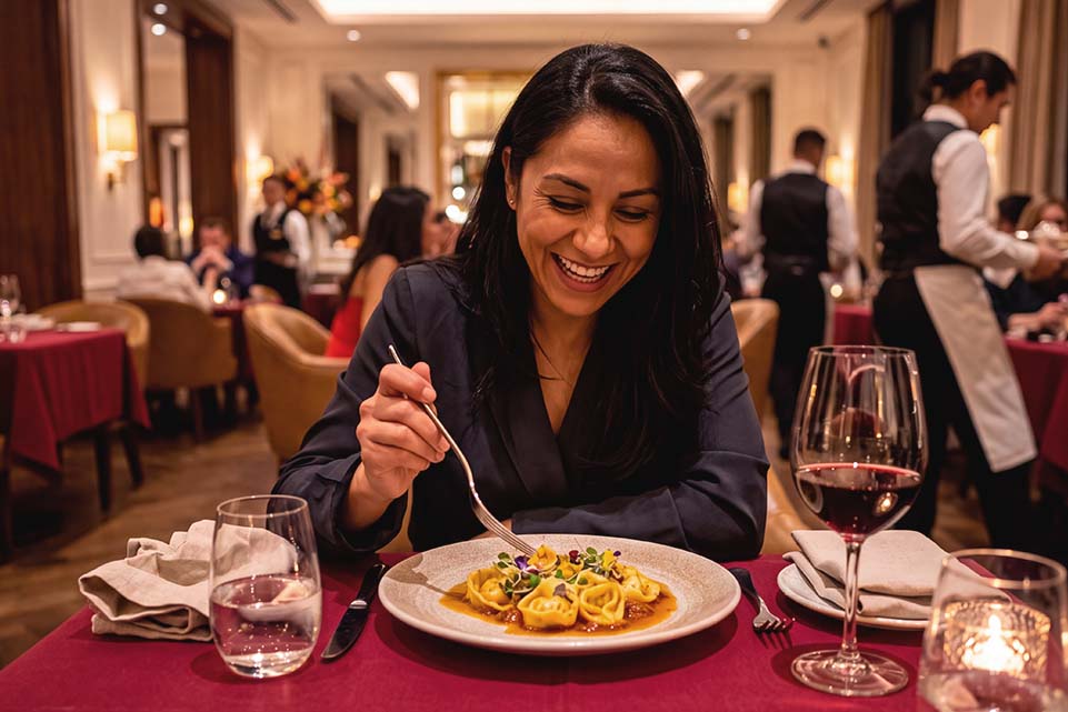 Mujer sonriendo ante un plato de pasta en un restaurante elegante para celebrar el Día del Chef.