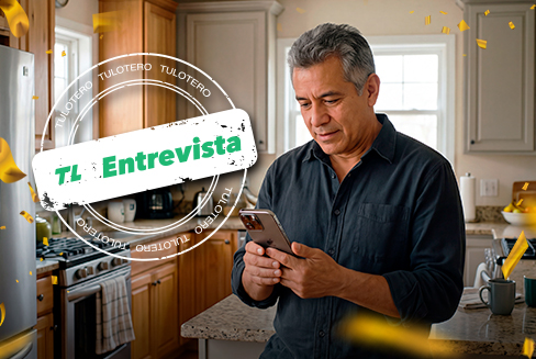 Hombre mirando su celular junto al rótulo «Entrevista», en una imagen sobre el premio de 92 millones en Melate.