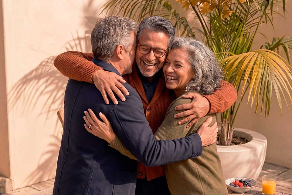 Tres personas abrazándose en un patio, imagen ilustrativa de la historia de un ganador de Melate Retro.
