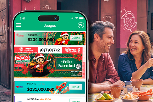 Gordito de Navidad 2026 en la app de TuLotero en un celular y una pareja en un café.