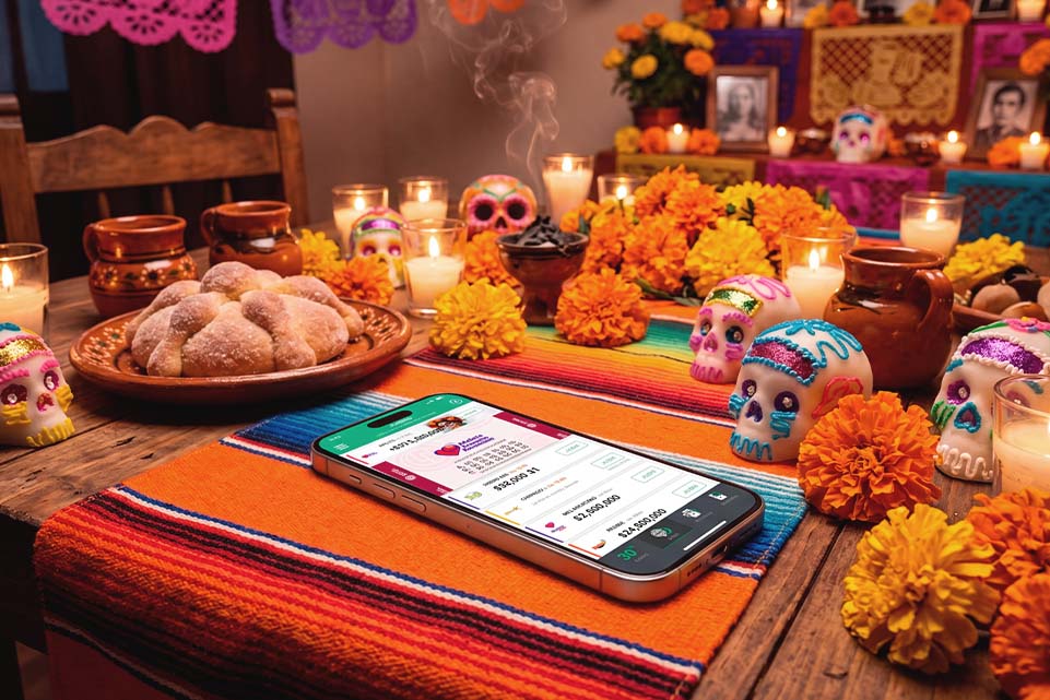 Celular con la app de TuLotero junto a pan de muerto y calaveritas, ilustrando el susto de olvidar comprar tu boleto